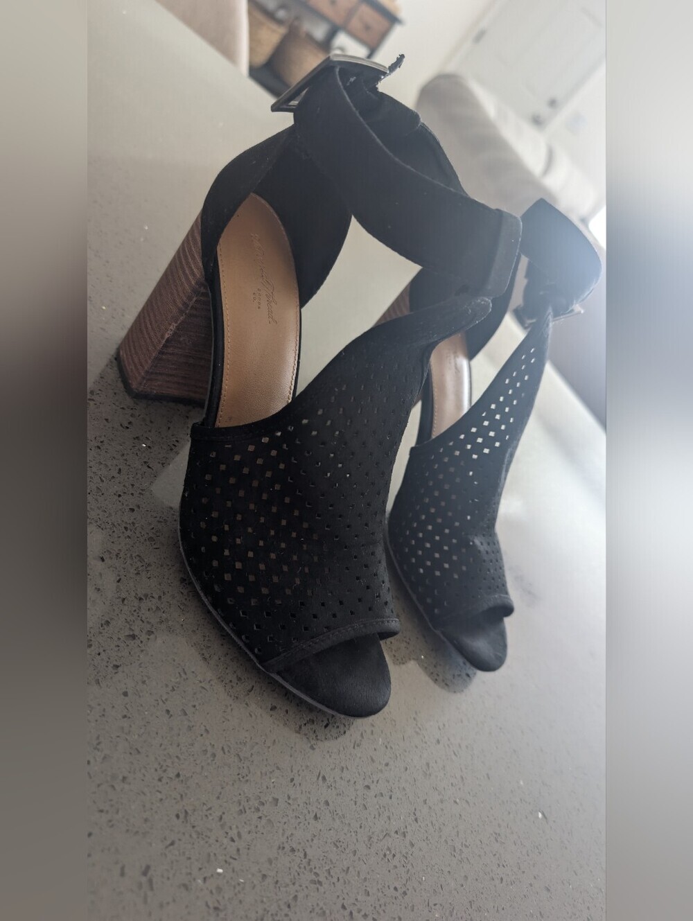 Universal Thread Black Perforated Block Heel Sandals with Ankle Strap
